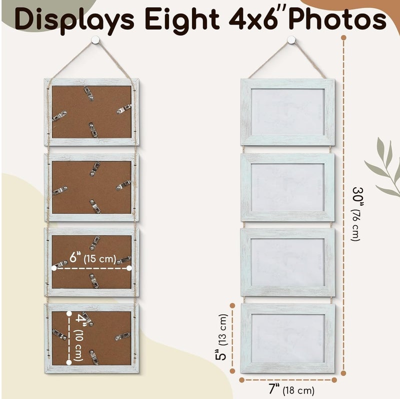 Soofam 4x6 inch Hanging Picture Frames Collage Wall Decor, 4-Frame Set, Rustic Solid Wood Photo Frame Pack of 4 Vintage White - Image 3